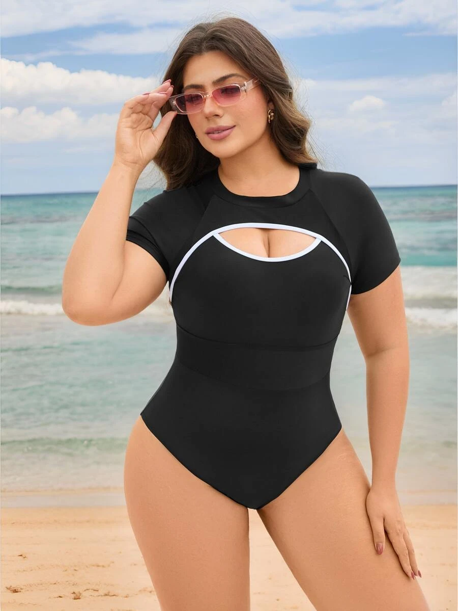 SHEIN Swim Curve Plus Size Women's Solid Color One-Piece Beachsuit For Swimming Pool, Beach Surfing Vacation For Summer Sexy - Black - View 1
