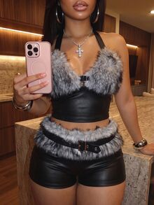 Slaydiva Y2K Gothic Plush Halter Neck Cropped Top + Buckle Detail Mini Skirt 2 Pieces Sexy Nightclub Outfit - A - Black - View 5
