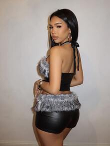Slaydiva Y2K Gothic Plush Halter Neck Cropped Top + Buckle Detail Mini Skirt 2 Pieces Sexy Nightclub Outfit - A - Black - View 3