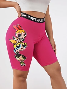 THE POWERPUFF GIRLS X SHEIN 街头风紧身针织卡通印花腰带字母黑色打底裤 - 粉色 - 查看 1