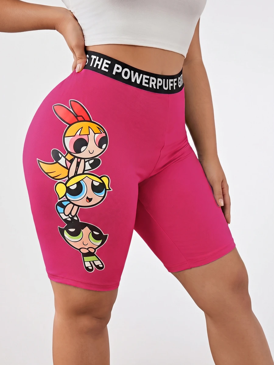 THE POWERPUFF GIRLS X SHEIN 街头风紧身针织卡通印花腰带字母黑色打底裤 - 粉色 - 查看 1