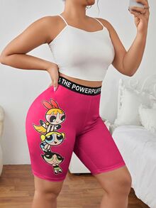 THE POWERPUFF GIRLS X SHEIN 街头风紧身针织卡通印花腰带字母黑色打底裤 - 粉色 - 查看 6
