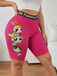 THE POWERPUFF GIRLS X SHEIN 街头风紧身针织卡通印花腰带字母黑色打底裤 - 粉色 - 查看 3