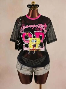 SpongeBob SquarePants | SHEIN Women's Letter Cartoon Print Casual Versatile Daily Wear Top - Black - View 3