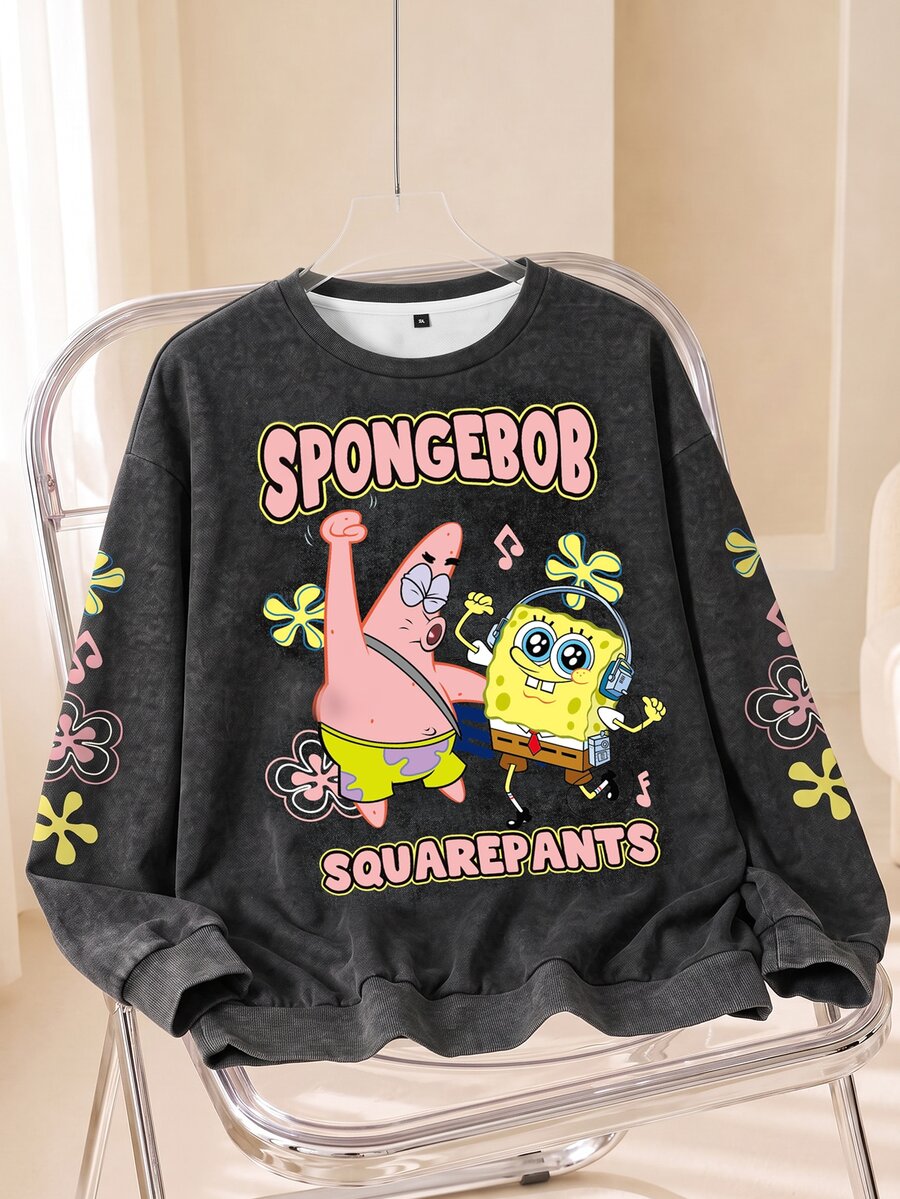SpongeBob SquarePants | SHEIN 大尺碼卡通印花圓領衛衣 秋季居家服 生日彩色休閒創意款 - 白色 - 查看 1