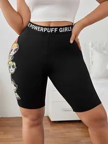 THE POWERPUFF GIRLS X SHEIN 大码街头风格紧身针织卡通印花高腰字母黑色骑行短裤，夏季 - 黑色 - 查看 5