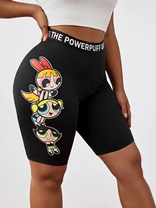 THE POWERPUFF GIRLS X SHEIN 大码街头风格紧身针织卡通印花高腰字母黑色骑行短裤，夏季 - 黑色 - 查看 1