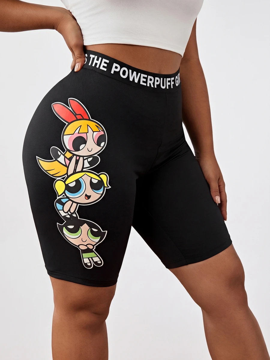 THE POWERPUFF GIRLS X SHEIN 大码街头风格紧身针织卡通印花高腰字母黑色骑行短裤,夏季 - 黑色 - 查看 1