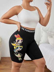 THE POWERPUFF GIRLS X SHEIN 大码街头风格紧身针织卡通印花高腰字母黑色骑行短裤，夏季 - 黑色 - 查看 6