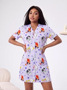 THE POWERPUFF GIRLS X SHEIN 女士V领前开襟纽扣休闲短袖睡裙，春夏款 - 紫色 - 查看 1