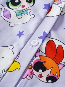 THE POWERPUFF GIRLS X SHEIN 女士V领前开襟纽扣休闲短袖睡裙，春夏款 - 紫色 - 查看 5