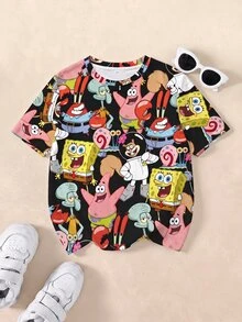 SpongeBob SquarePants | SHEIN Young Boy Casual Cartoon Pattern Round Neck Short Sleeve T-Shirt, Summer - White - View 1