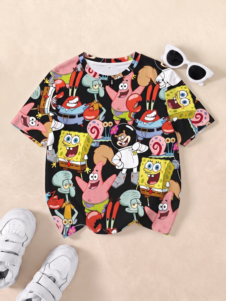 SpongeBob SquarePants | SHEIN Young Boy Casual Cartoon Pattern Round Neck Short Sleeve T-Shirt, Summer - White - View 1
