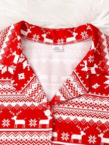 Teen Girl Autumn/Winter Pajamas 2pcs Short Sleeve Shorts Lapel Christmas Reindeer Snowflake Flame Resistant - Red - View 4