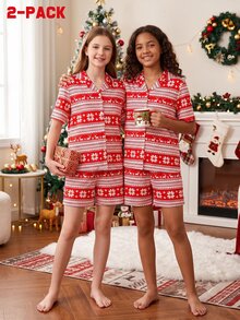 Teen Girl Autumn/Winter Pajamas 2pcs Short Sleeve Shorts Lapel Christmas Reindeer Snowflake Flame Resistant - Red - View 8