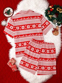 Teen Girl Autumn/Winter Pajamas 2pcs Short Sleeve Shorts Lapel Christmas Reindeer Snowflake Flame Resistant - Red - View 2