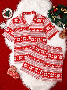 Teen Girl Autumn/Winter Pajamas 2pcs Short Sleeve Shorts Lapel Christmas Reindeer Snowflake Flame Resistant - Red - View 3