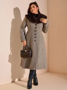Comfylo Plus Size Women's Fur Collar Houndstooth Long Sleeve Single-Breasted Elegant Jacket - Coffee Brown - View 5