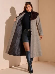 Comfylo Plus Size Women's Fur Collar Houndstooth Long Sleeve Single-Breasted Elegant Jacket - Coffee Brown - View 7
