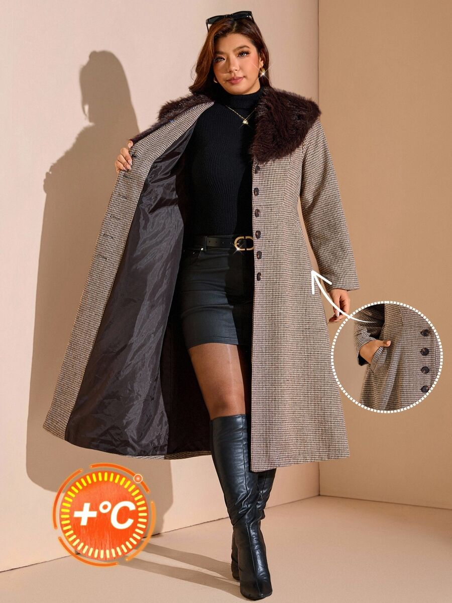 Comfylo Plus Size Women's Fur Collar Houndstooth Long Sleeve Single-Breasted Elegant Jacket - Coffee Brown - View 1