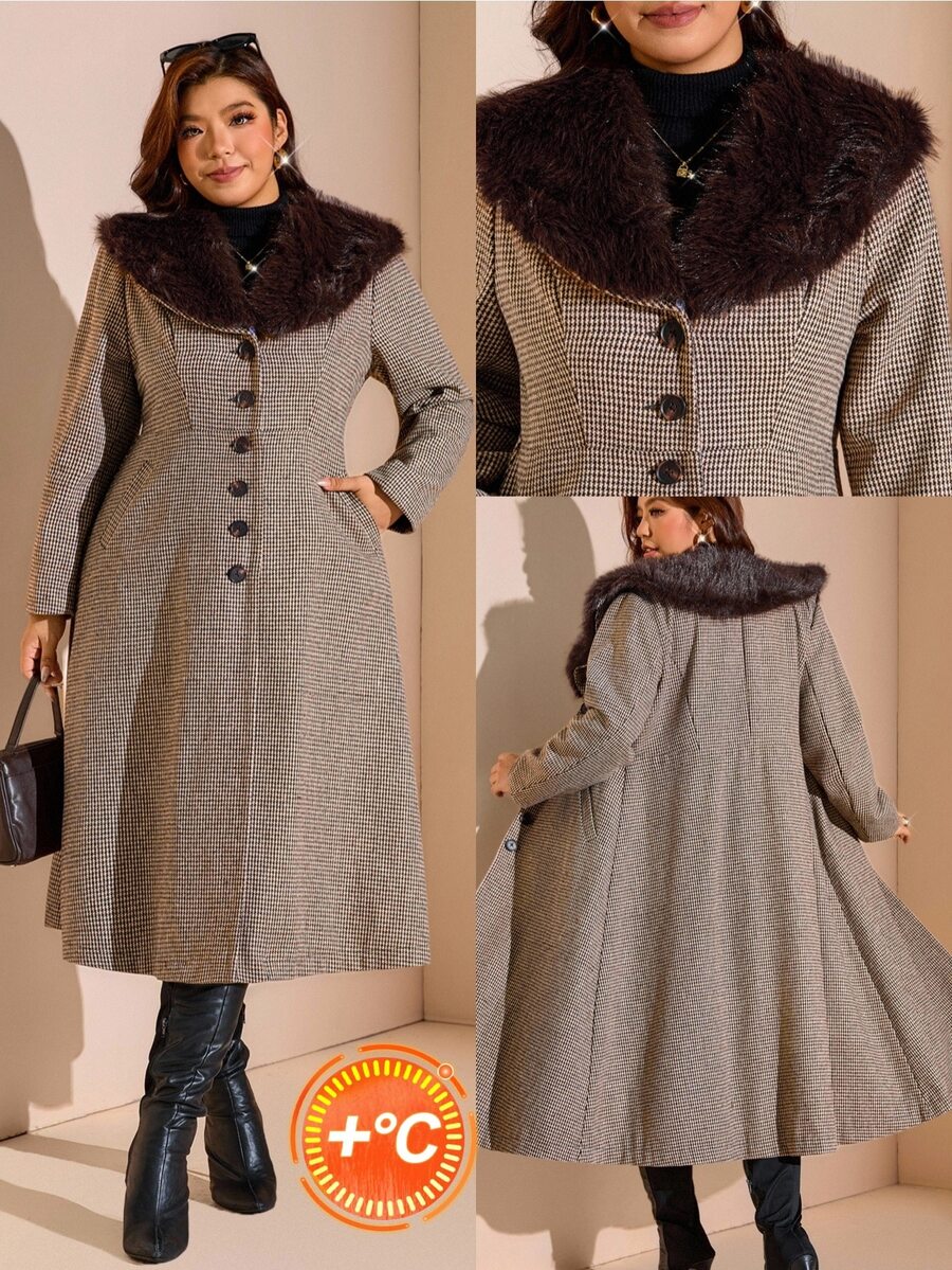 Comfylo Plus Size Women's Fur Collar Houndstooth Long Sleeve Single-Breasted Elegant Jacket - Coffee Brown - View 1