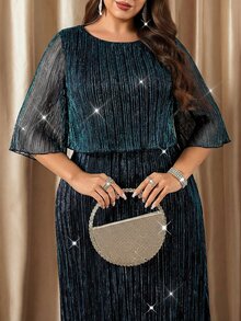 Reflora Plus Size Solid Color Round Neck Mid-Sleeve Elegant Traditional Casual Sexy Long Dress Autumn Wedding Party Evening Formal Business Dinner Guest Teal - Blue - View 3