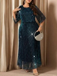 Reflora Plus Size Solid Color Round Neck Mid-Sleeve Elegant Traditional Casual Sexy Long Dress Autumn Wedding Party Evening Formal Business Dinner Guest Teal - Blue - View 5
