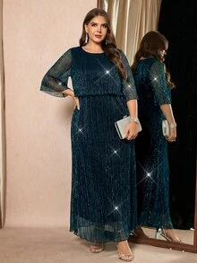 Reflora Plus Size Solid Color Round Neck Mid-Sleeve Elegant Traditional Casual Sexy Long Dress Autumn Wedding Party Evening Formal Business Dinner Guest Teal - Blue - View 6