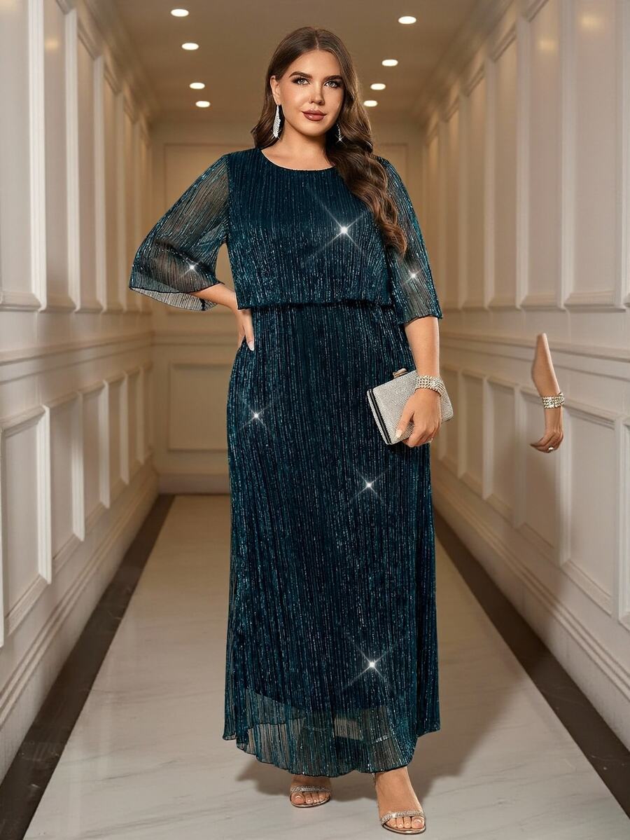 Reflora Plus Size Solid Color Round Neck Mid-Sleeve Elegant Traditional Casual Sexy Long Dress Autumn Wedding Party Evening Formal Business Dinner Guest Teal - Blue - View 1