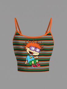 Nick 90s | SHEIN Women's Striped Colorblock Cartoon Print Casual Daily Camisole - White - View 1