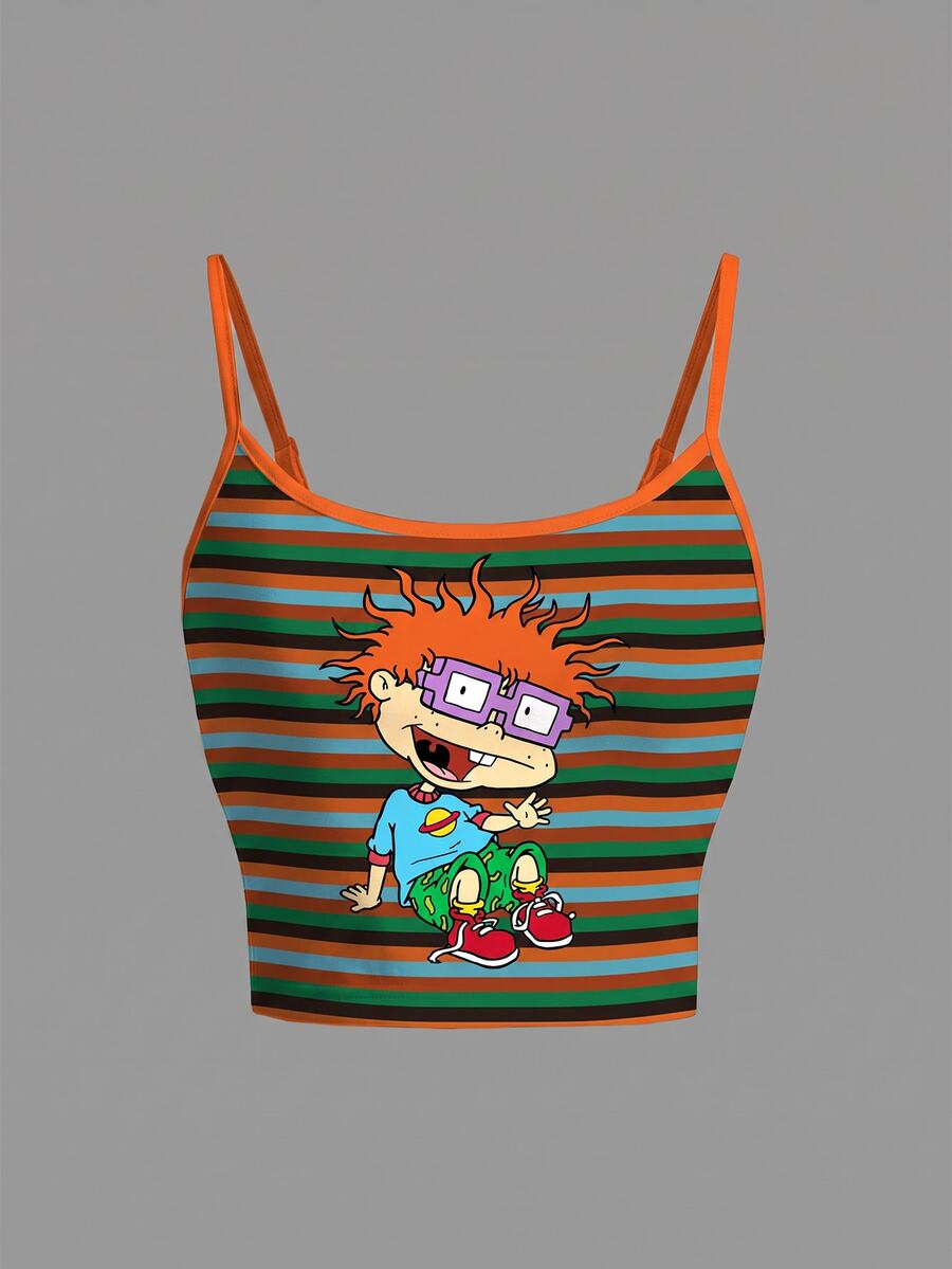 Nick 90s | SHEIN Women's Striped Colorblock Cartoon Print Casual Daily Camisole - White - View 1