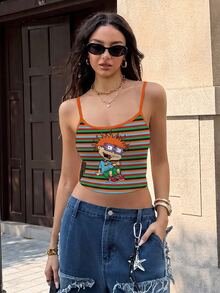 Nick 90s | SHEIN Women's Striped Colorblock Cartoon Print Casual Daily Camisole - White - View 6
