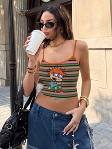 Nick 90s | SHEIN Women's Striped Colorblock Cartoon Print Casual Daily Camisole - White - View 3