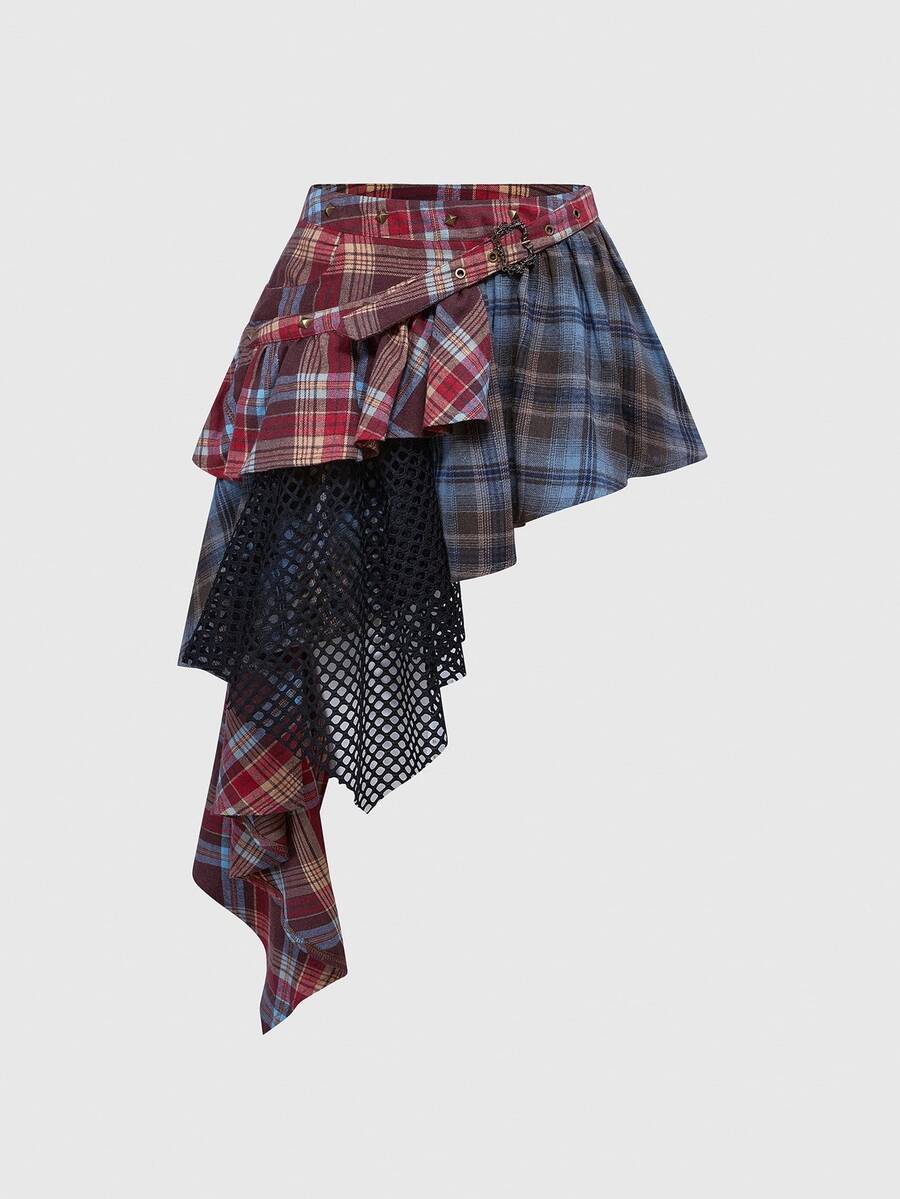ROMWE Grunge Punk Women Preppy Casual Punk Street Color Contrast Plaid Fishnet Fabric Splicing Vintage Style Asymmetrical Hem Low Waist Mini Skirt - Brown - View 1