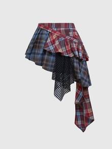 ROMWE Grunge Punk Women Preppy Casual Punk Street Color Contrast Plaid Fishnet Fabric Splicing Vintage Style Asymmetrical Hem Low Waist Mini Skirt - Brown - View 2