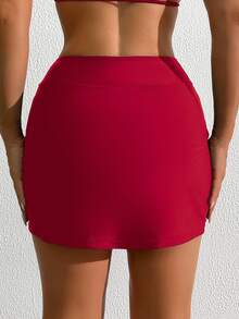 SHEIN Swim Beach For Women: Solid Color Elegant Casual Active Side Slit Beach Pants, Swimsuit Beach Shorts With Design For Summer Beach Vacation Red - Red - View 2