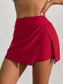 SHEIN Swim Beach For Women: Solid Color Elegant Casual Active Side Slit Beach Pants, Swimsuit Beach Shorts With Design For Summer Beach Vacation Red - Red - View 4