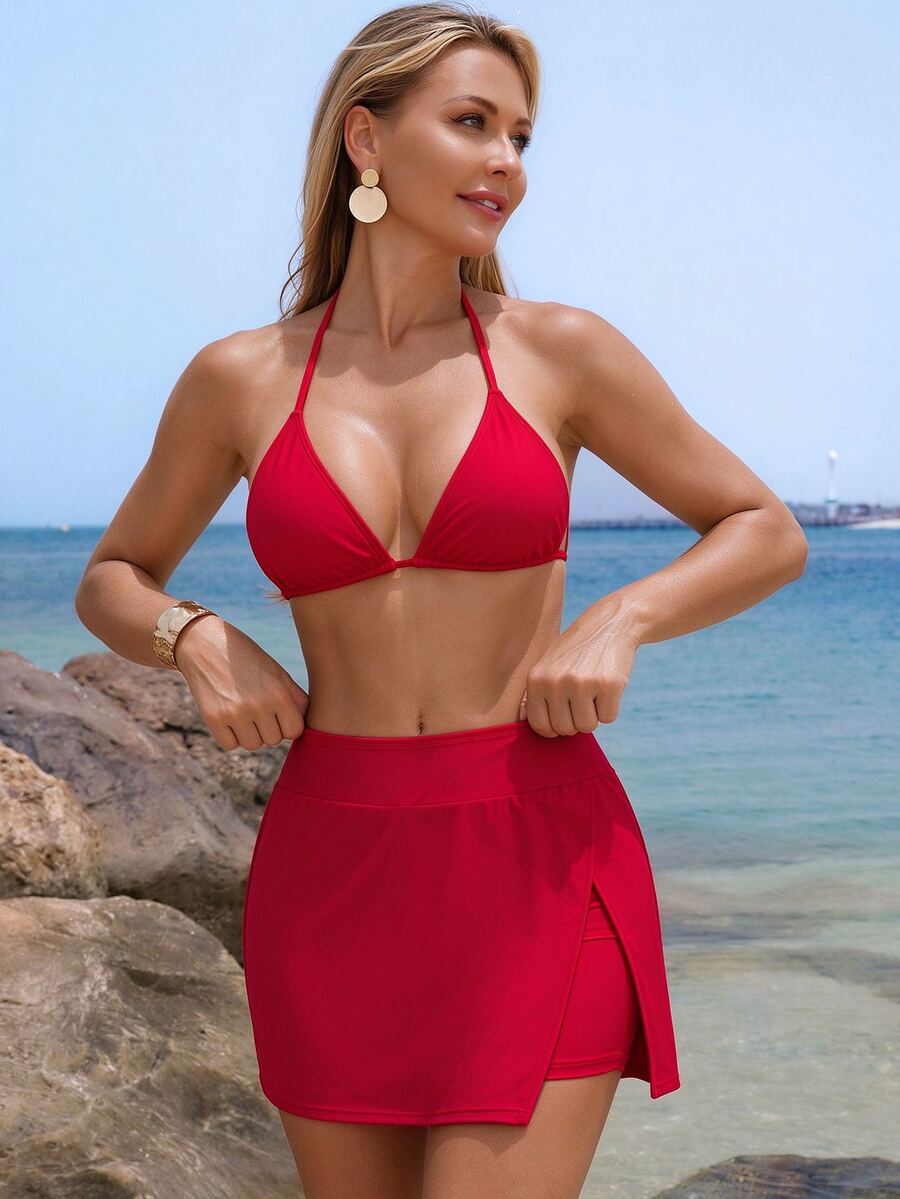 SHEIN Swim Beach For Women: Solid Color Elegant Casual Active Side Slit Beach Pants, Swimsuit Beach Shorts With Design For Summer Beach Vacation Red - Red - View 1