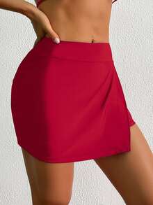SHEIN Swim Beach For Women: Solid Color Elegant Casual Active Side Slit Beach Pants, Swimsuit Beach Shorts With Design For Summer Beach Vacation Red - Red - View 3