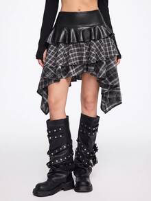 ROMWE Grunge Punk Spring/SummerplaidDark Punk Vintage Plaid Asymmetrical Patchwork Leather Mini Skirt - Black - View 3