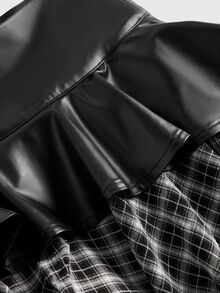 ROMWE Grunge Punk Spring/SummerplaidDark Punk Vintage Plaid Asymmetrical Patchwork Leather Mini Skirt - Black - View 4