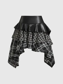 ROMWE Grunge Punk Spring/SummerplaidDark Punk Vintage Plaid Asymmetrical Patchwork Leather Mini Skirt - Black - View 2
