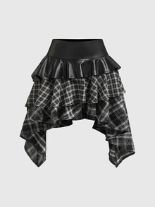 ROMWE Grunge Punk Spring/SummerplaidDark Punk Vintage Plaid Asymmetrical Patchwork Leather Mini Skirt - Black - View 1