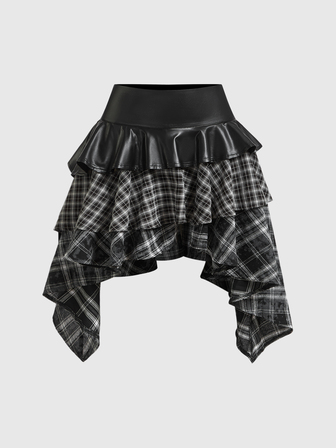 Grunge Punk Spring/SummerplaidDark Punk Vintage Plaid Asymmetrical Patchwork Leather Mini Skirt