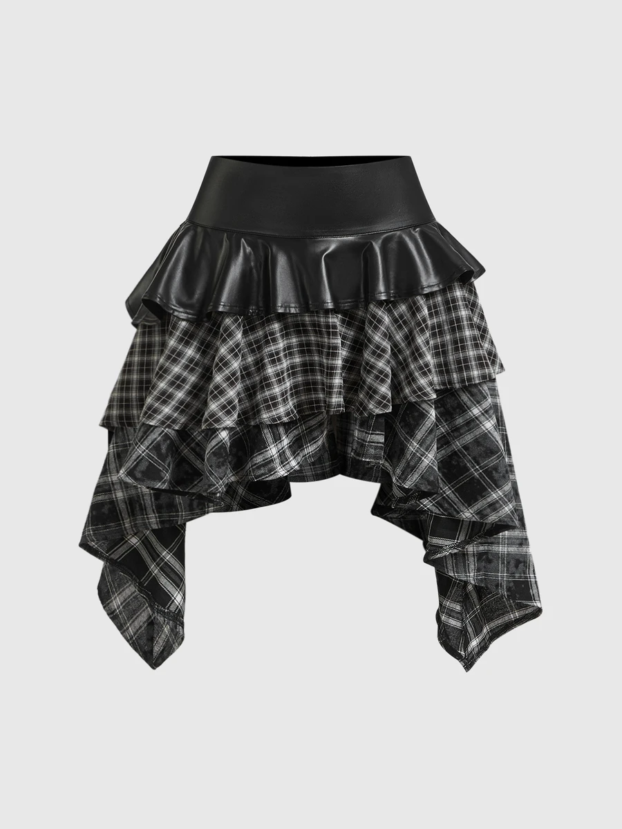 ROMWE Grunge Punk Spring/SummerplaidDark Punk Vintage Plaid Asymmetrical Patchwork Leather Mini Skirt - Black - View 1