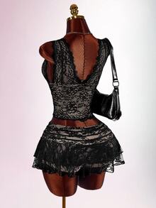 Amplova Lace Tank Top Ruffle Hem Skirt Set Halloween Club Night Out Party Black Floral Summer Goth Sexy - Black - View 16