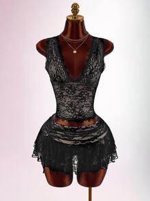 Amplova Lace Tank Top Ruffle Hem Skirt Set Halloween Club Night Out Party Black Floral Summer Goth Sexy - Black - View 2