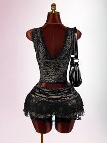 Amplova Lace Tank Top Ruffle Hem Skirt Set Halloween Club Night Out Party Black Floral Summer Goth Sexy - Black - View 6