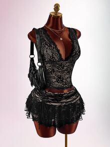 Amplova Lace Tank Top Ruffle Hem Skirt Set Halloween Club Night Out Party Black Floral Summer Goth Sexy - Black - View 5