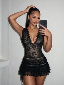 Amplova Lace Tank Top Ruffle Hem Skirt Set Halloween Club Night Out Party Black Floral Summer Goth Sexy - Black - View 7